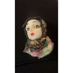 Vintage Art Deco Lady Face Brooch Metallic Hat Collar 3D Statement Pin Gypsy